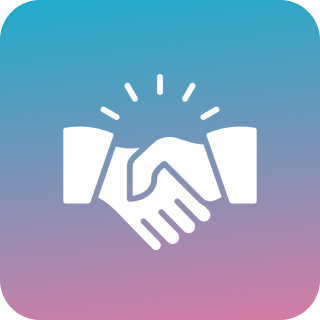 Two hands shaking in agreement with a colorful gradient background.