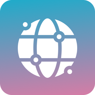 Icon of a globe with connected nodes on a gradient background.