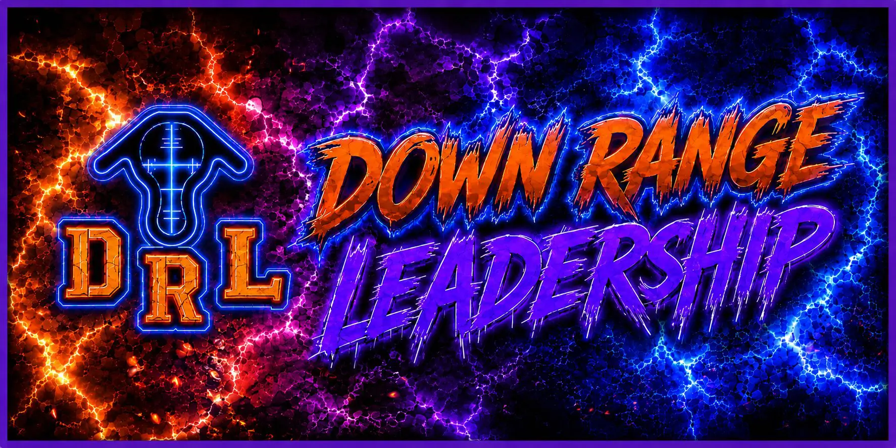 Neon DRL emblem with crackling lightning background