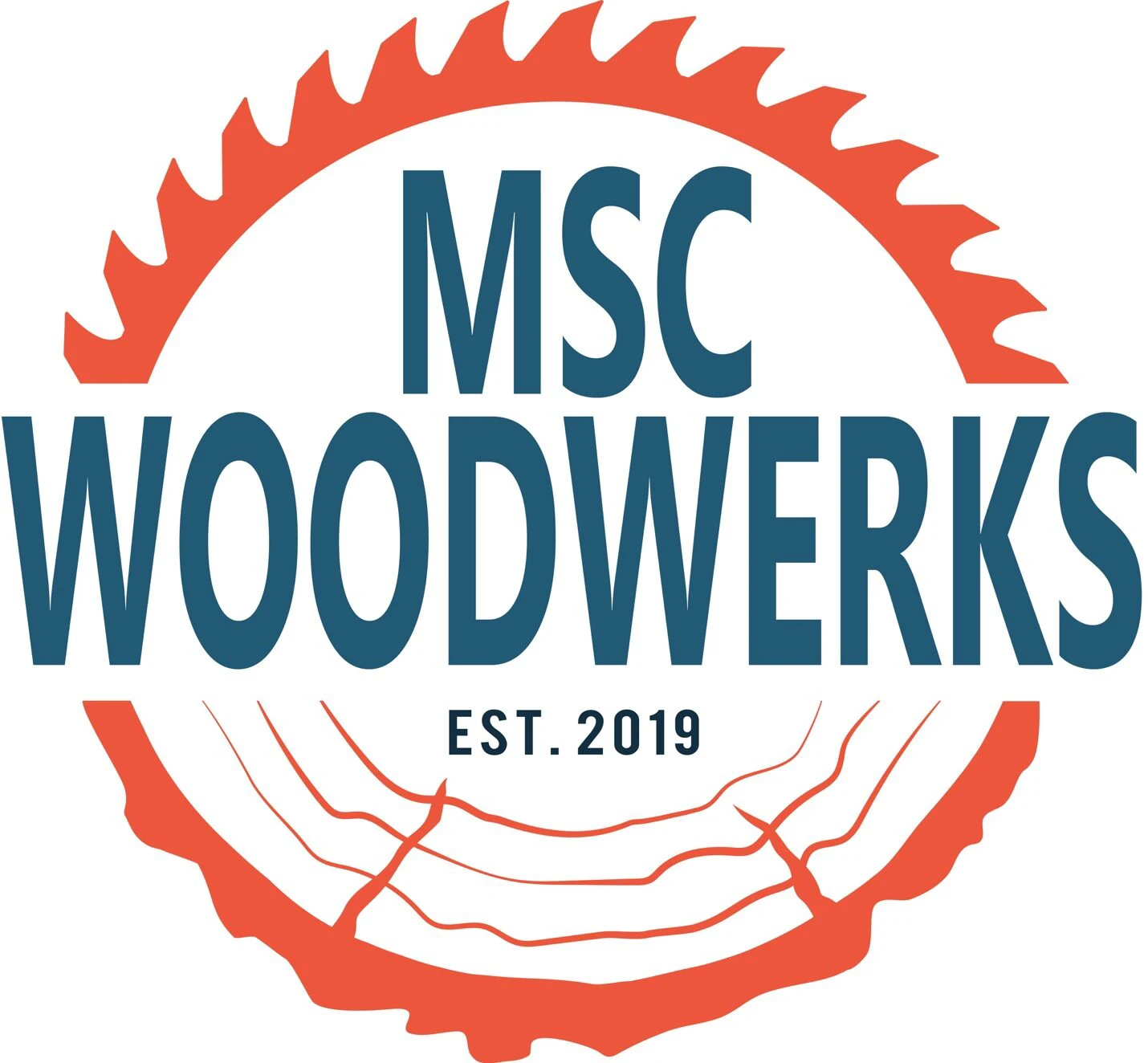 Logo of MSC Woodwerks with saw blade and wood rings.