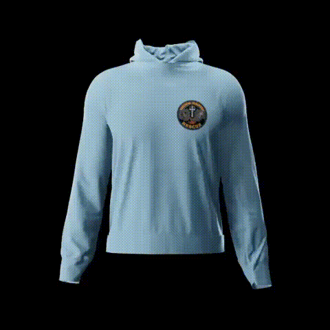 Light blue pullover with a small emblem on the chest.