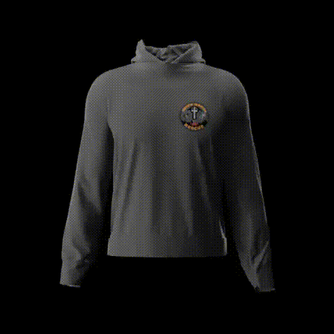Gray hoodie with a small colorful emblem on the chest, displayed on a black background.