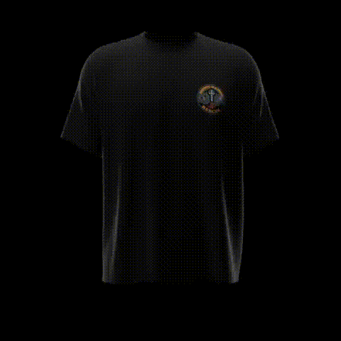 Black t-shirt with a small colorful emblem on the chest pocket area.